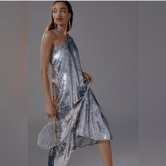 Anthropologie Dresses & Skirts - Anthropologie Silver Sequin One-Shoulder Midi Dress